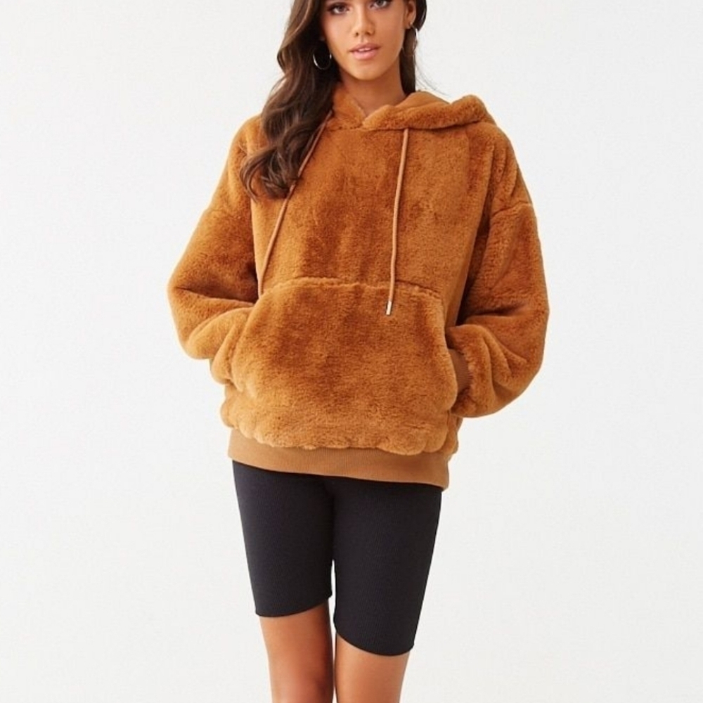Super Plush Teddy Pullover Hoodie Large Camel Tan Lined Forever21